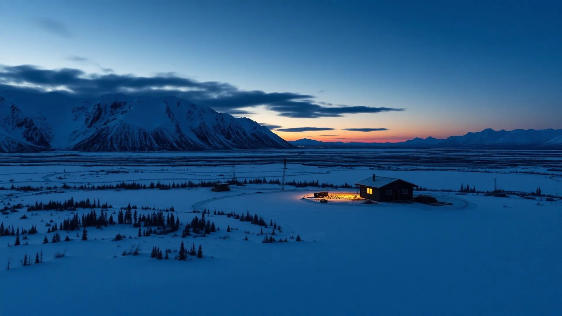 Snowy Alaskan landscape at dusk with a remote cabin construction site